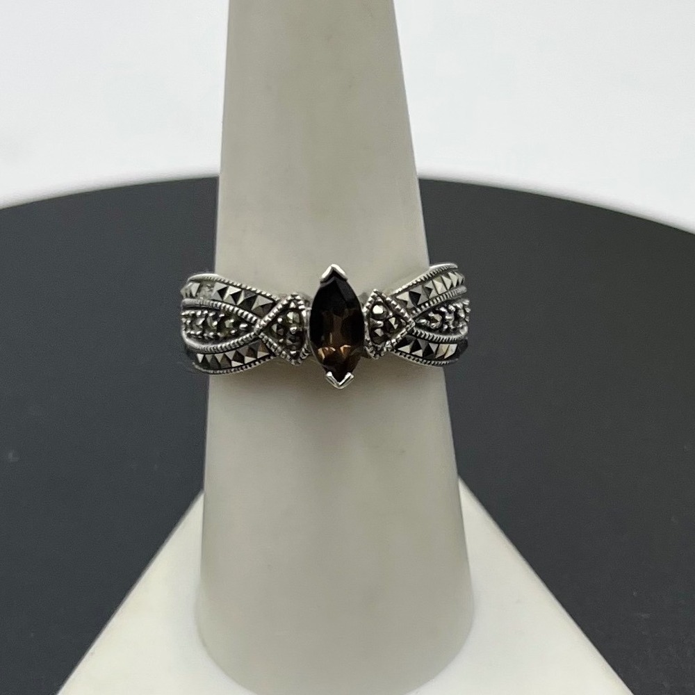 Judith Jack Vintage Sterling Silver Marquise Smoky Quartz & Marcasite Ring 8.25